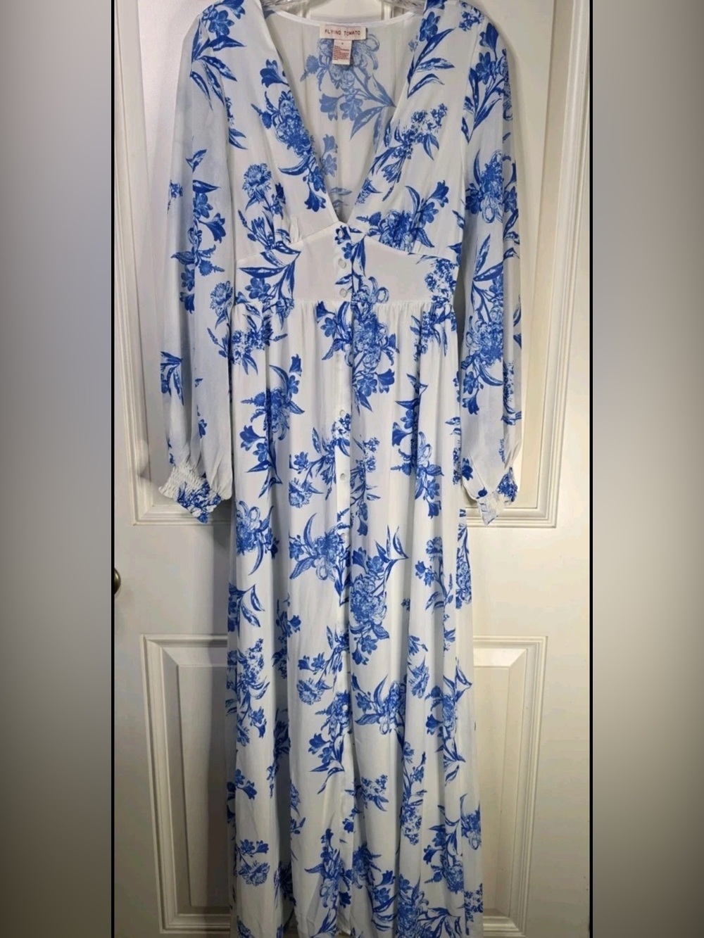 Flying Tomato White Maxi Dress with Blue Floral Print